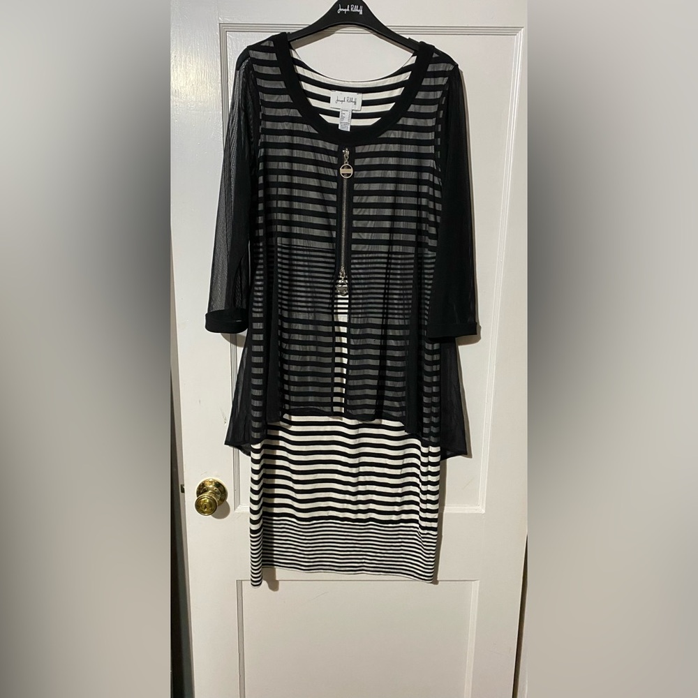 Black and white striped with black mesh top Joseph Ribkoff dress